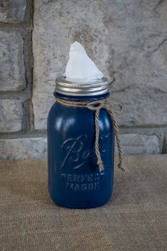 Navy Blue Handpainted Mason Jar SHABBY CHIC Mason Jar Tissue