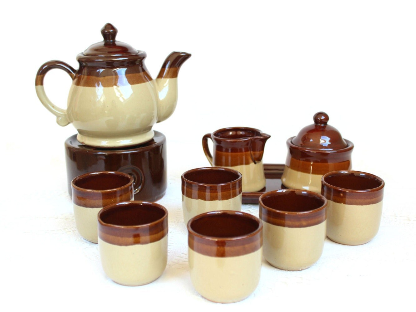 Vintage Ceramic Brown and Cream Tea Service Tea Set Tea Pot