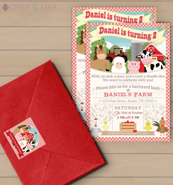 Items similar to Farm Birthday Invitation, Address Labels, and Envelope