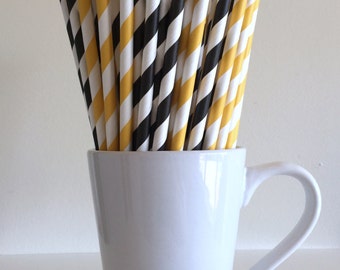 Yellow and Black Paper Straws Golden Yellow and Black Striped Pittsburgh Steelers Party Supplies Batman Party Decor Bar Cart Graduation