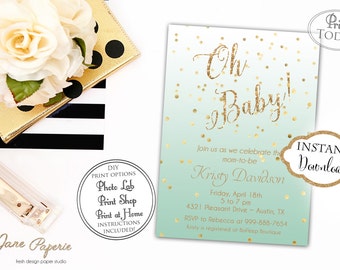 INSTANT DOWNLOAD - Mint Ombre Baby Shower Invitation - Gold Glitter Ombre Invite - Oh Baby Invitation - Gold Confetti - 0162