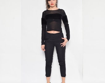 Vintage 90's Mesh Sheer Top / Long Sleeve Sheer Blouse / See Thru Black Blouse / Sheer Crop Top - Size Small