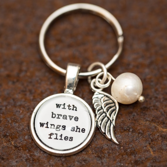FREE SHIPPING - With Brave Wings She Flies - Quote Keyring Keychain - Silver Glitter - Quote Necklace