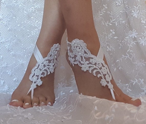 Snow white Beaded wedding sandal bridal shoe beach wedding lace barefoot sandals