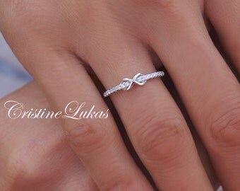 Sterling Silver Infinity Ring With Clear CZ Stones - Criss Cross Infinity Ring With White Gold Overlay, Stackable Ring - Gold Infinity Ring