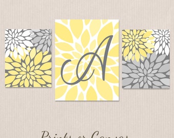 Nursery Art Monogram Wall Decor Prints or CANVAS Custom Art Babys Bedroom Personalized Baby Shower Gift Flower Art Set Yellow Gray