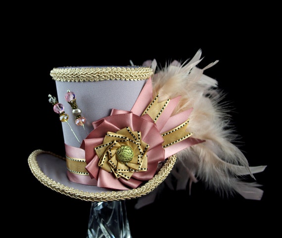 Gray, Toffee, and Dusky Pink Cockade Steampunk Large Mini Top Hat Fascinator, Alice in Wonderland, Mad Hatter Tea Party, Derby Hat by TheWeeHatter steampunk buy now online