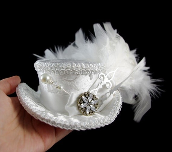 White on White with Silver Clock Hands Steampunk Mini Victorian Riding Hat Fascinator, Marie Antoinette, Alice in Wonderland, Derby Hat by TheWeeHatter steampunk buy now online
