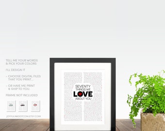 Things We Love About You 21st 30th 50th 60th 70th 80th Birthday Gift. Your WORDS + Colors. Printable -OR- Shipped. Mom, best friend, Dad +