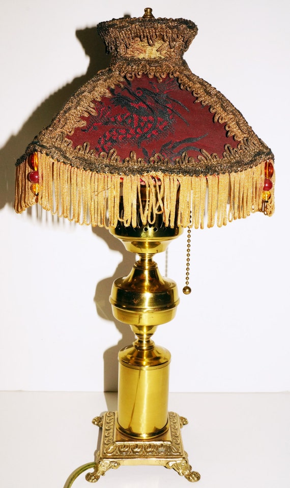 Victorian Boudoir Lamp with Beaded Silk Shade by GrandFunkeVintage