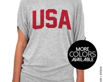 USA Gray or White Slouchy Tee Red Ink - Patriotic 4th of July Slouchy T-Shirt, America Shirt, United States Shirt, BBQ Shirt, Drinking Party