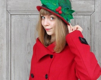Unique elegant felted hat, woman Christmas hat, Christmas in July, retro style cloche hat, green hat, sprig of holy, elegant festive hat