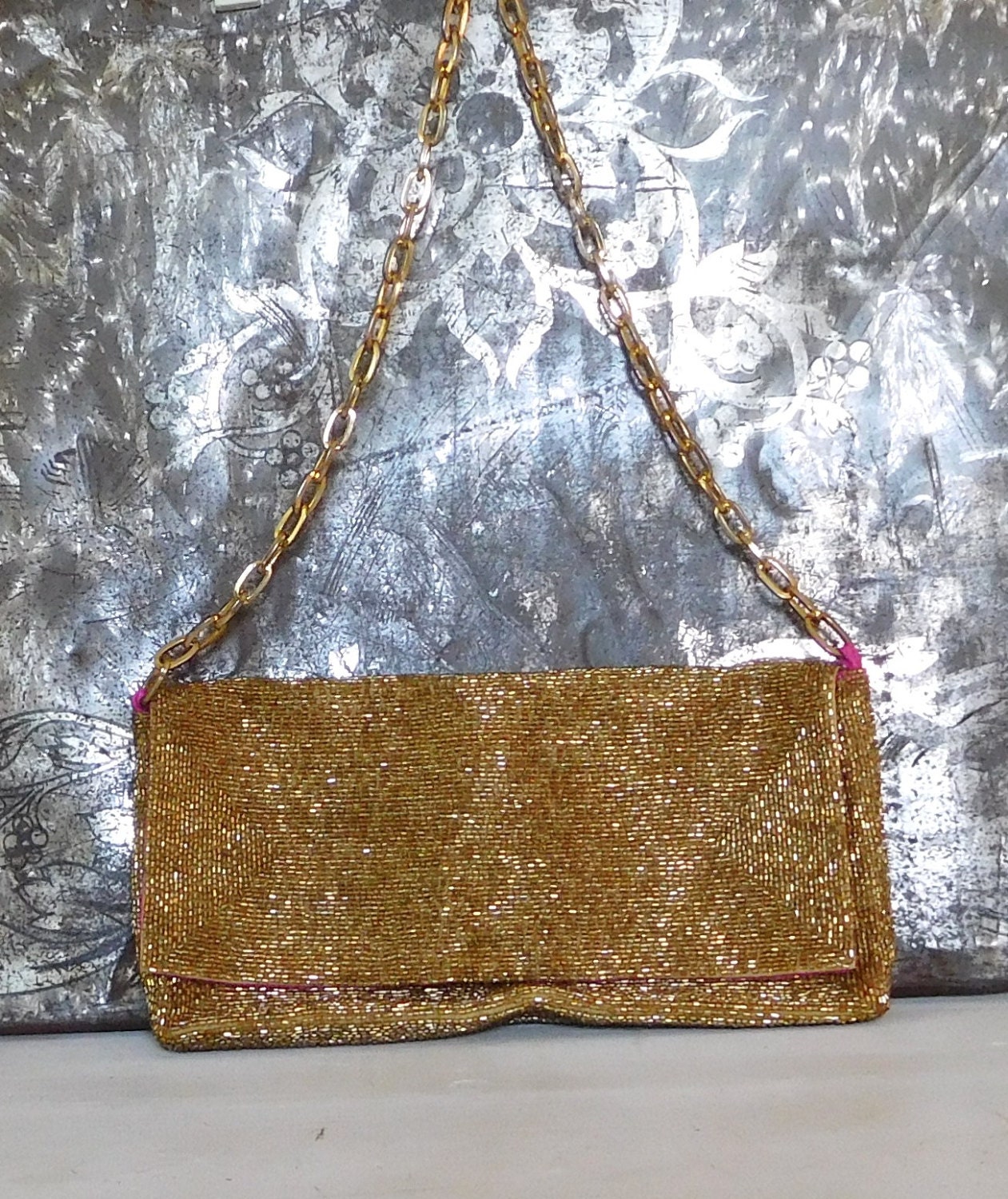 Gold Beaded Clutch Chain Strap Purse Hot Pink Fabric Vintage