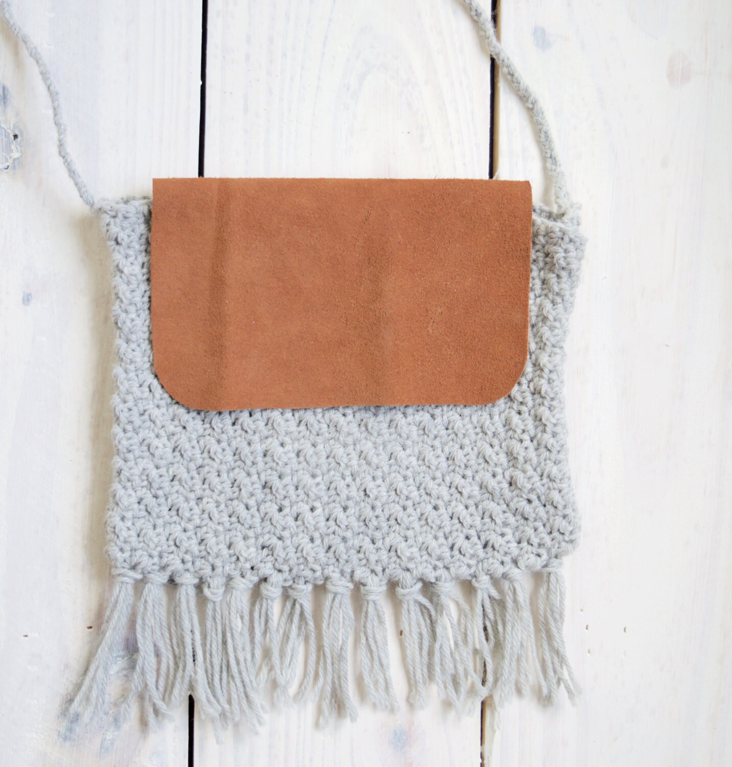 Gray Crochet Fringe Bag Boho Crochet by HandcraftedVintageCo