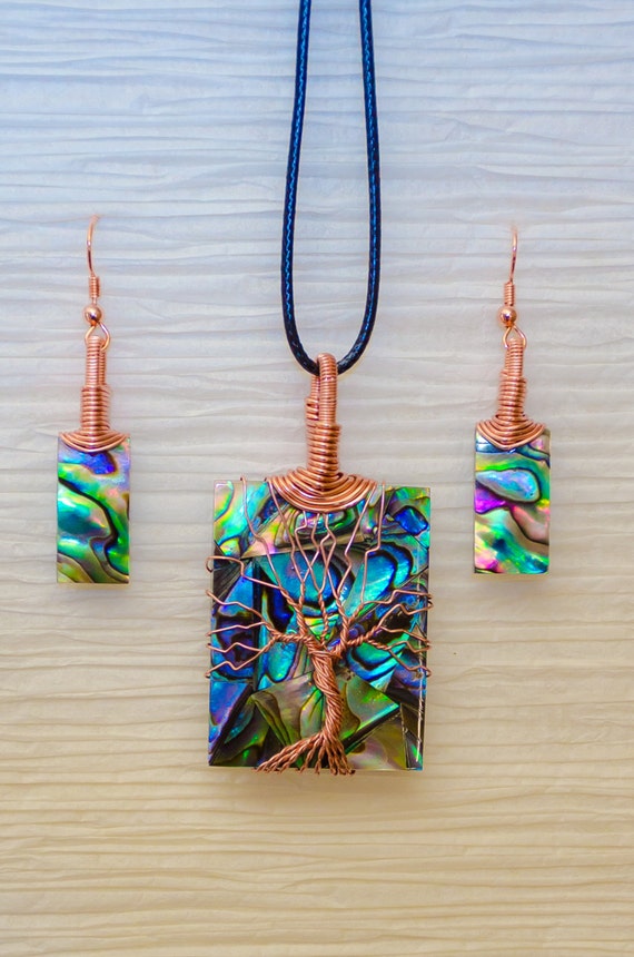 Tree of Life copper wire wrapped Abalone pendant and matching Earrings