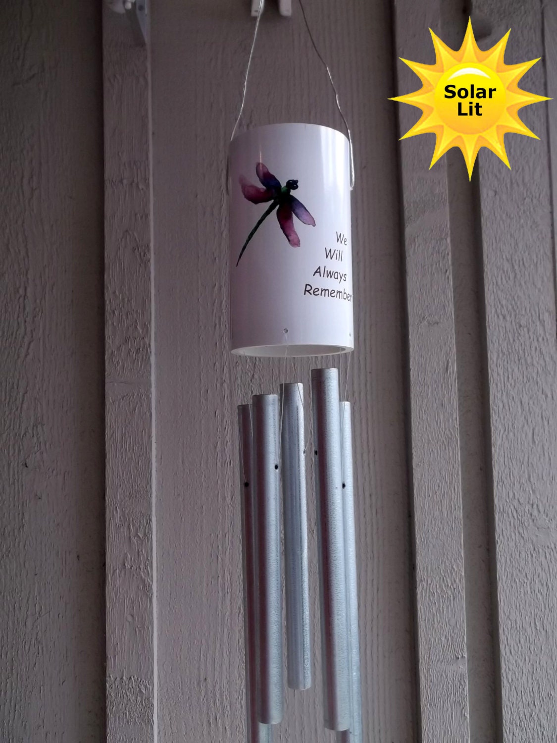 Custom Memorial Dragonfly PVC wind chime with solar light