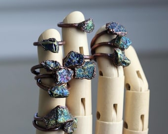 Chalcopyrite Ring Electroformed Copper Ring Peacock Ore Stone Ring Rustic Gemstone Metallic Stone Chunky Ring