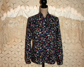 Black Print Blouse Long Sleeve 80s 1980s Hipster Bow Tie Pussybow Secretary Office Vintage Clothing Large Size 12 Blouse Womens Clothing