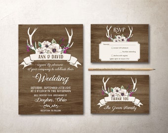 Rustic Wedding Invitation Winter Floral Deer Antlers Woodland Rustic Wedding Invitation Winter Floral Deer Antlers Woodland
