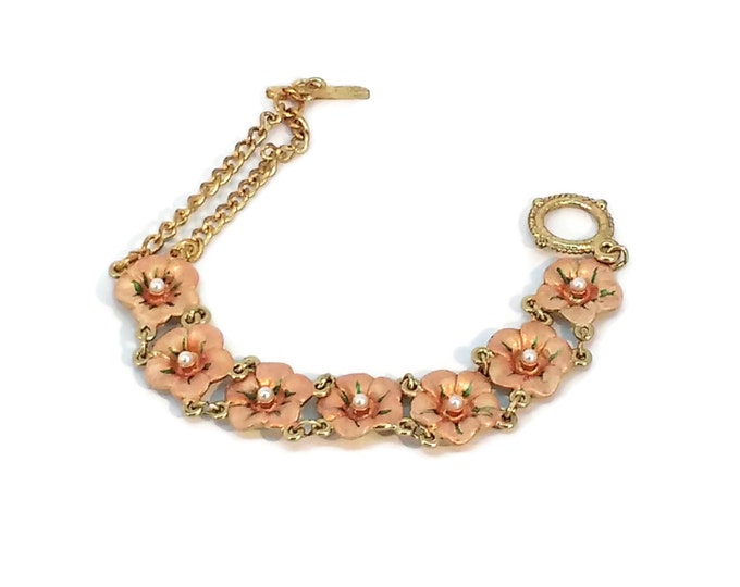 Hand Painted Flowers and Pearls Brass Chain & Link Bracelet Coral Orange w/ Green OOAK, One of a kind