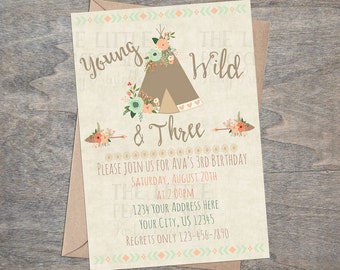 Tribal Young Wild and Three Invitation | Teepee Arrow Boho Floral Free digital birthday party invitation