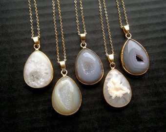 CLEARANCE Smooth Druzy Necklace Agate Necklace Druzy Pendant Gold Edge Agate Jewelry Gold Dipped Jewerly Natural Color Nude Semiprecious