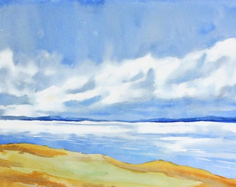 Sky Painting, Coastal Wall Art, Sand Abstract Landscape Watercolor Painting, Blue Wall Decor, Ocean Painting, Cloud, Sea Art, Blue Sky Art