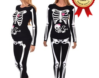 Halloween Skeleton Maternity Shirt Costume Pregnant Skeleton with Baby Girl True MATERNITY Fit Costume - Includes Cap, T-shirt and Leggings