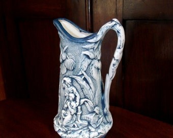 Antique Parian Pitcher 1850, Dark Blue Stippled Background Relief Paul & Virginia Parian Pitcher