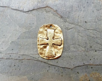 Medium Hammered Gold Cross Relief Pendant Oval Pewter Rustic C139,medium gold cross,cross relief pendant,cross dog tag,hammered gold cross