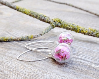 Sterling silver earrings, bride gift, botanical jewelry, bridal gift, real flowers earrings, glass earrings, wedding gift
