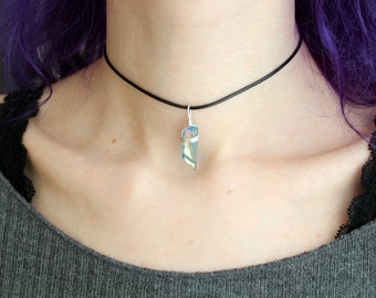 Aqua aura crystal choker necklace, wire wrapped pendant, raw crystal necklace natural stone, pastel grunge jewelry, gemstone choker, mermaid