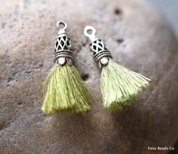 Olive Green Mini Tassels With Antique Silver Plated Tassel
