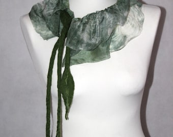 Green felted collar nuno felt scarf leaf felted necklace silk merino wool
