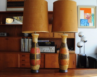 Large Mid Century Table Lamps/ Burlap shades/ Chalkware-Plaster body/ 42" tall!/ brutalist pattern