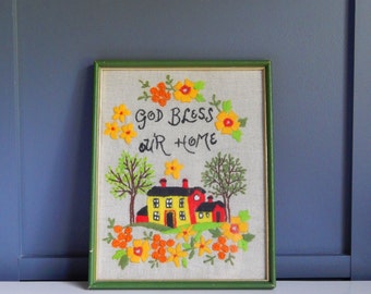 Vintage Crewel Artwork/Embroidered Artwork/God Bless Our Home/Fabric Artwork/Framed Embroidery/Framed Crewelwork/Handmade/1960s