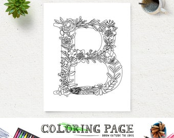 Printable Floral Alphabet Coloring Page Letter Instant Download Digital Art