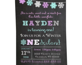 Winter ONEderland Invitation- Winter Wonderland Invitation - Chalkboard Snowflake Birthday - Printable Invitation - First Birthday