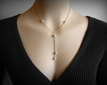 Y Necklace, Pearl Necklace, Pearl Y Necklace, Lariat Necklace, Pearl Pendant, 14K Yellow Gold Filled, Y, Lariat, Sexy Necklace Pendant