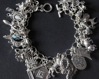 Pagan - Wicca Charm Bracelet - Fully Loaded with 46 charms Hat, Flower, Athame, Dragonfly, Cauldron, Upside Down Bat - Sanguine Rose Designs