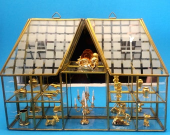 Brass and Glass Curio Display Case and 10 Trinkets