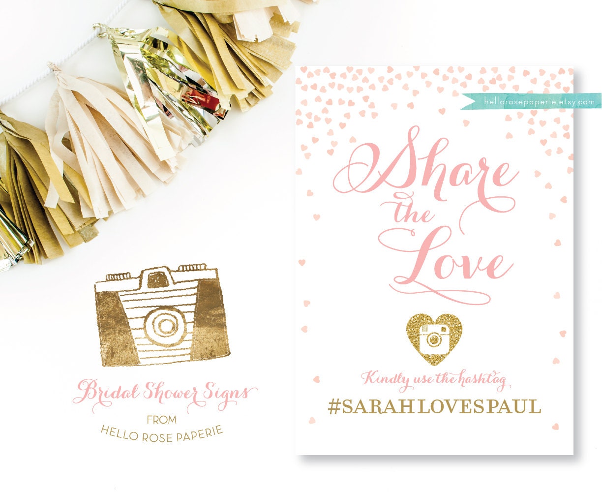 Bridal Shower Hashtag Sign . Share the Love Pink and Gold