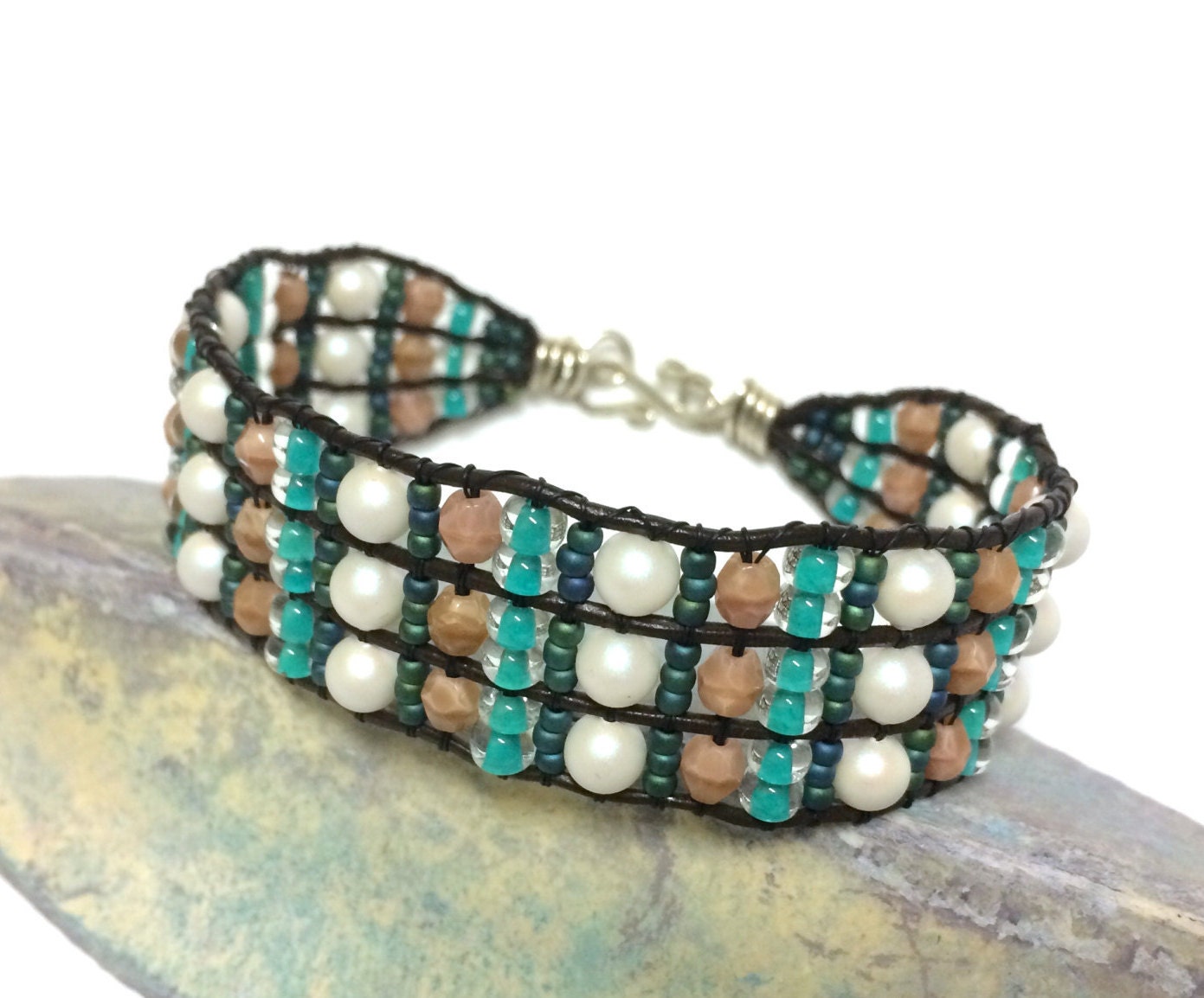 Beaded Leather Tapestry Bracelet Pink Turquoise by SunsetSouthPaw
