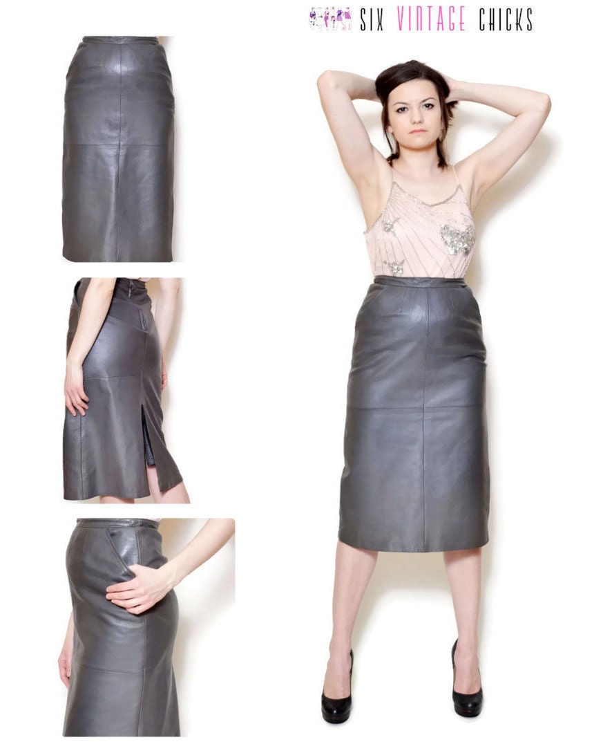 90s leather skirt grey real leather ash pencil straight