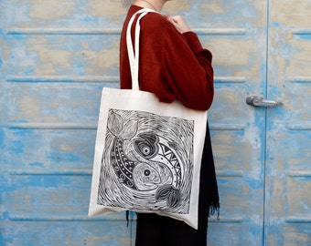 Hand Printed lino fish tote bag art tote bag pisces sea tribal fish sea waves design .
