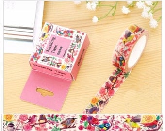 Pretty Flower Birds Washi Tape - Colorful Song Birds, Deco Sticker Masking Adhesive, 15mm x 10m