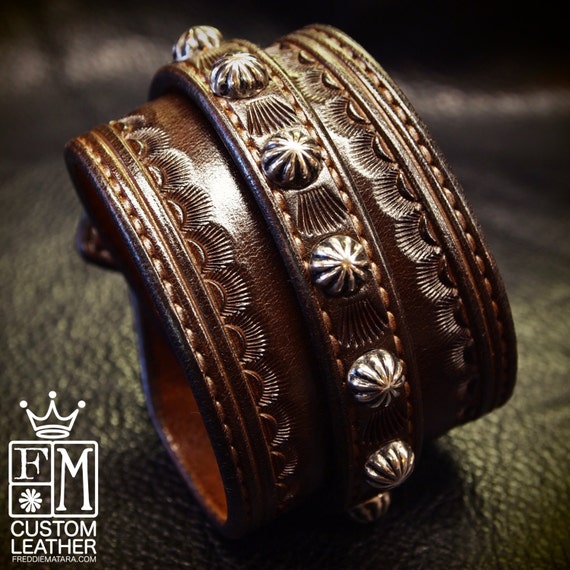 Leather Wrist Cuff Dirty BrownTraditional American Cowboy techniques ROCKSTAR Bracelet wristband Handmade for YOU in NYC by Freddie Matara!