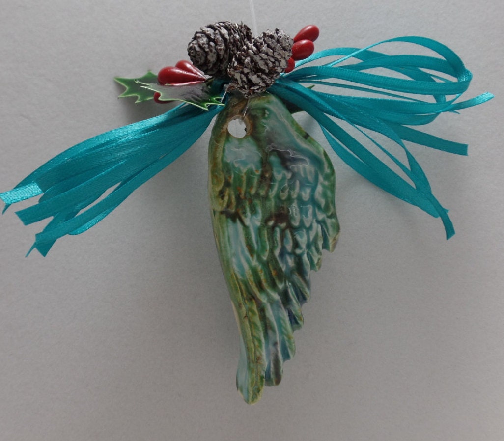 Ceramic Angel Wing Ornament Double Sided Teal Ribbon Christmas