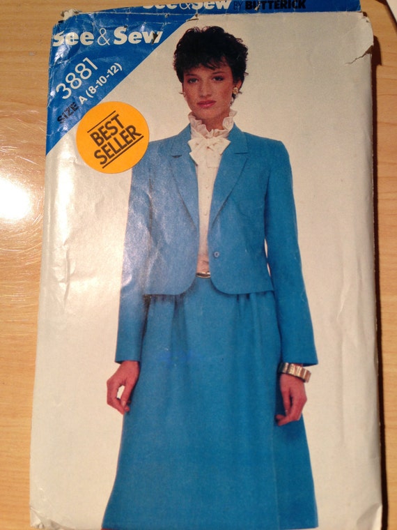 Butterick 3881 See and Sew Sewing Pattern 80s Misses Jacket and Skirt Size 8-10-12