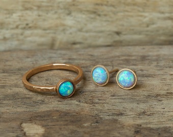 Opal Ring, Opal Ear Studs, Opal Earrings, Blue Opal Ring, Opal Set, Opal Ear Studs, Opal Studs, Simple Ring, Rose Gold Ring, Stack Ring